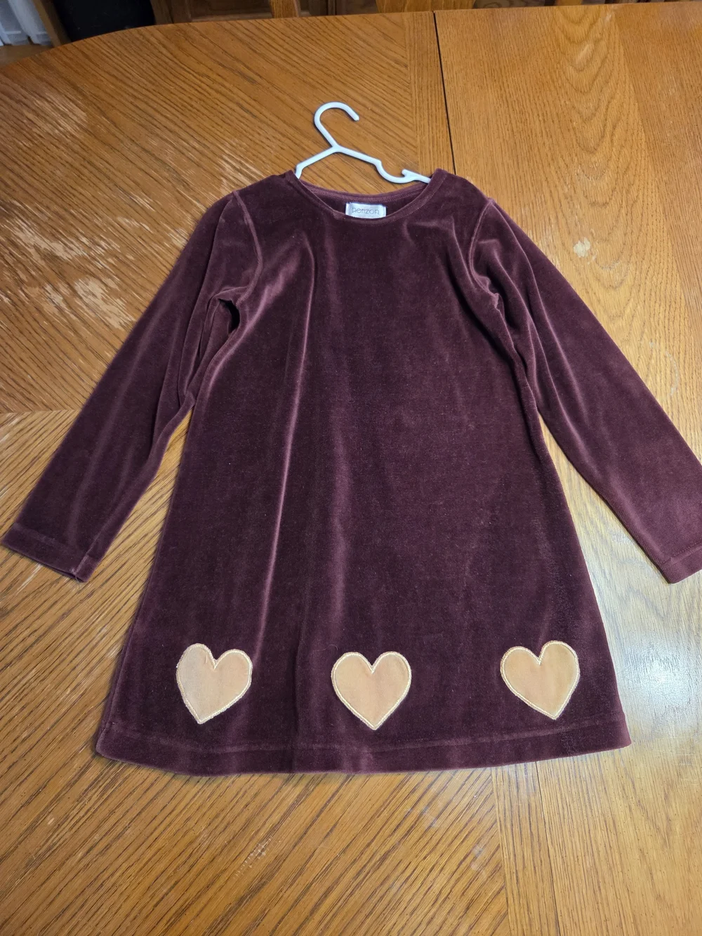 Velvet Long Sleeve Dress with Heart Appliqués - Deep Plum